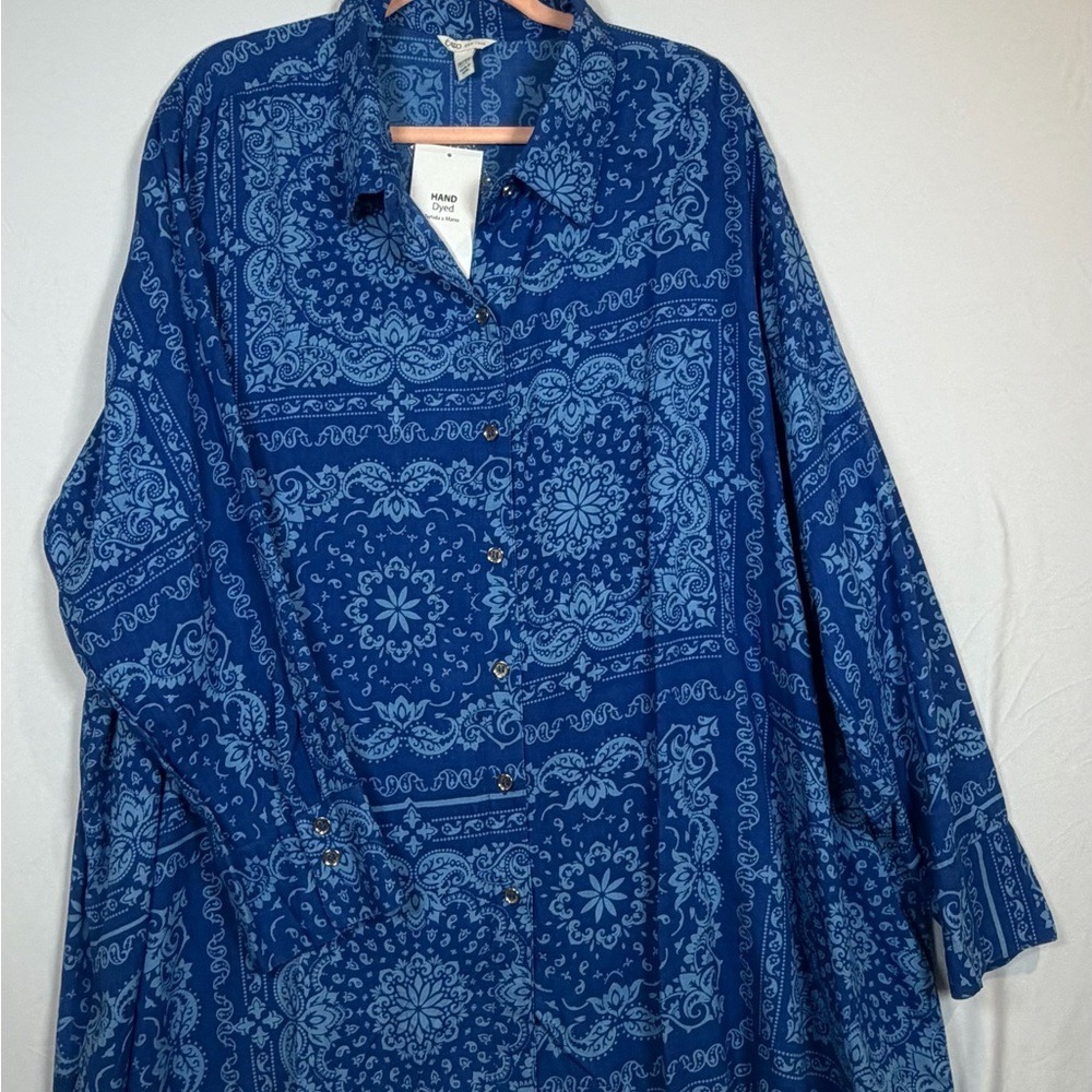 Cato Bandana Paisley Shirt Womens 26/28W Blue NEW Hand Dyed Long Sleeve Top